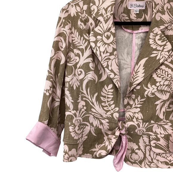 3 Sisters Womens Jacket Blazer Size Large Linen Floral Pink & Green Lightweight - Picture 6 of 10